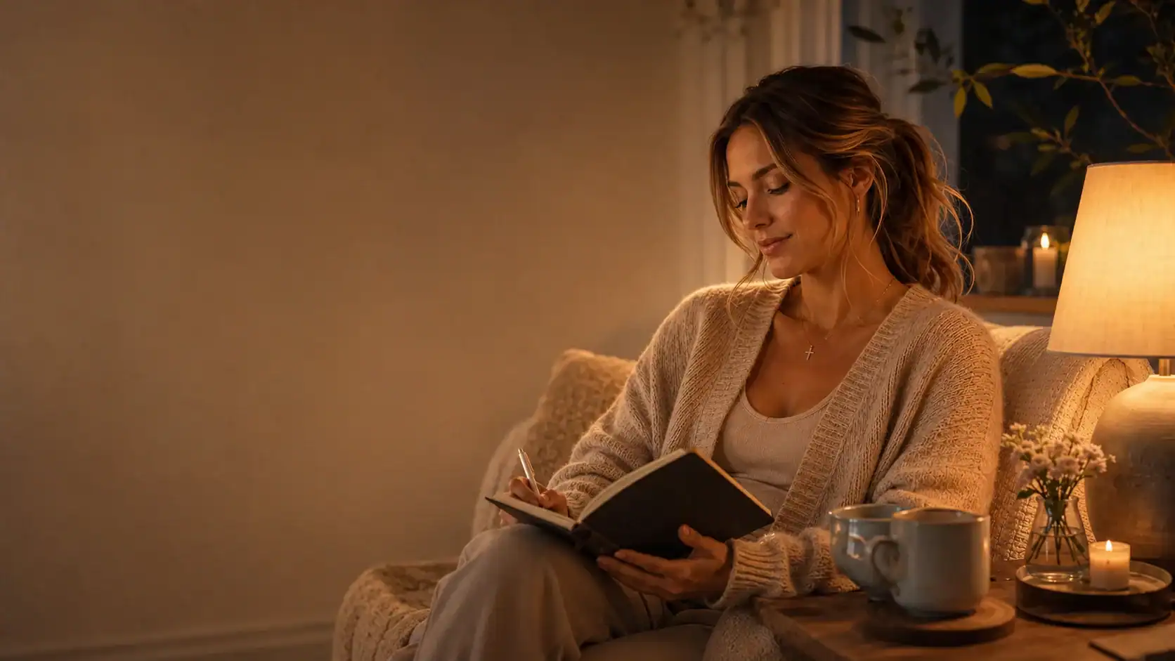 Elise writing in a notebook beside a warm lamp, candles, flowers, and a mug