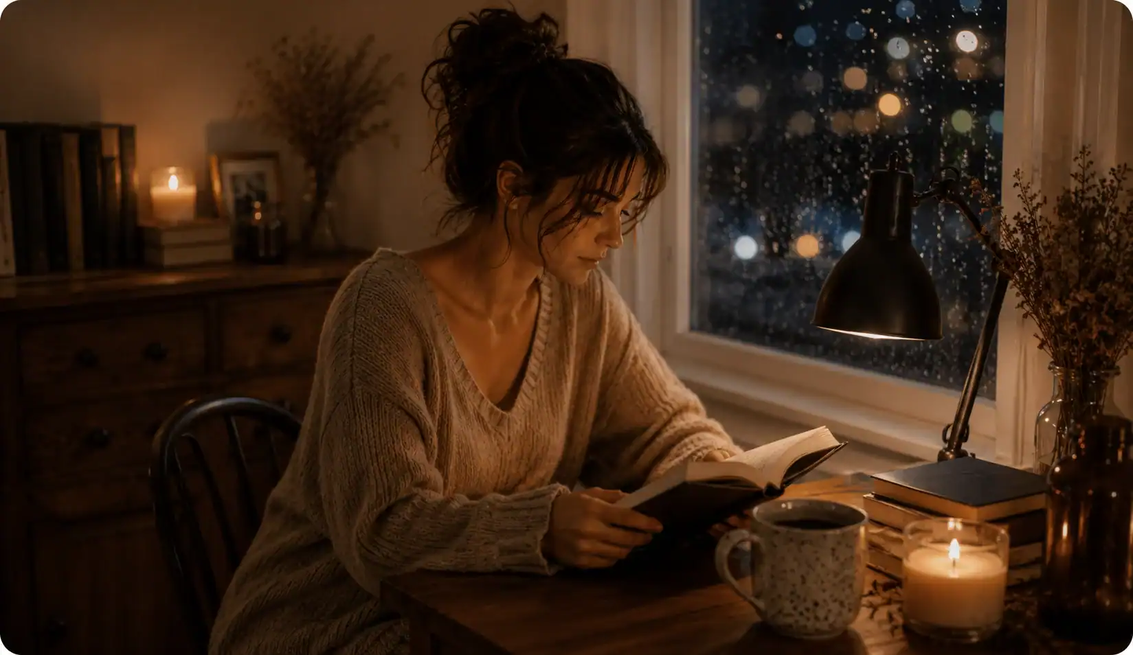 Elise reading a book beside a rain-covered window by candlelight during a quiet evening