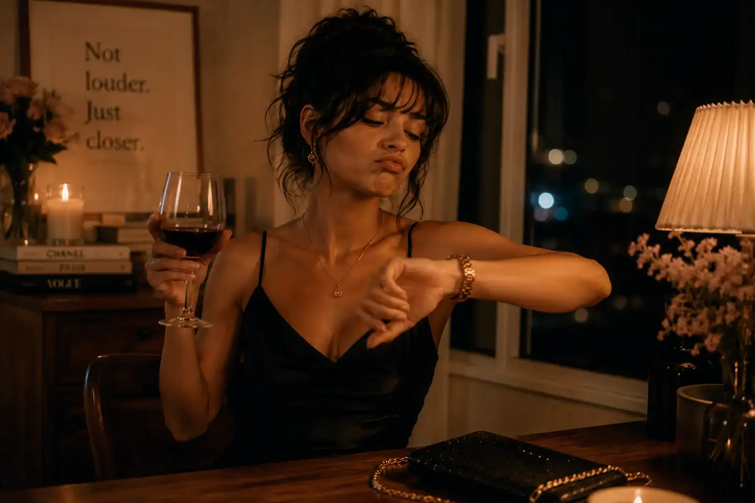 Elise dressed up for the evening, looking at her watch with a bored expression while holding a glass of wine.