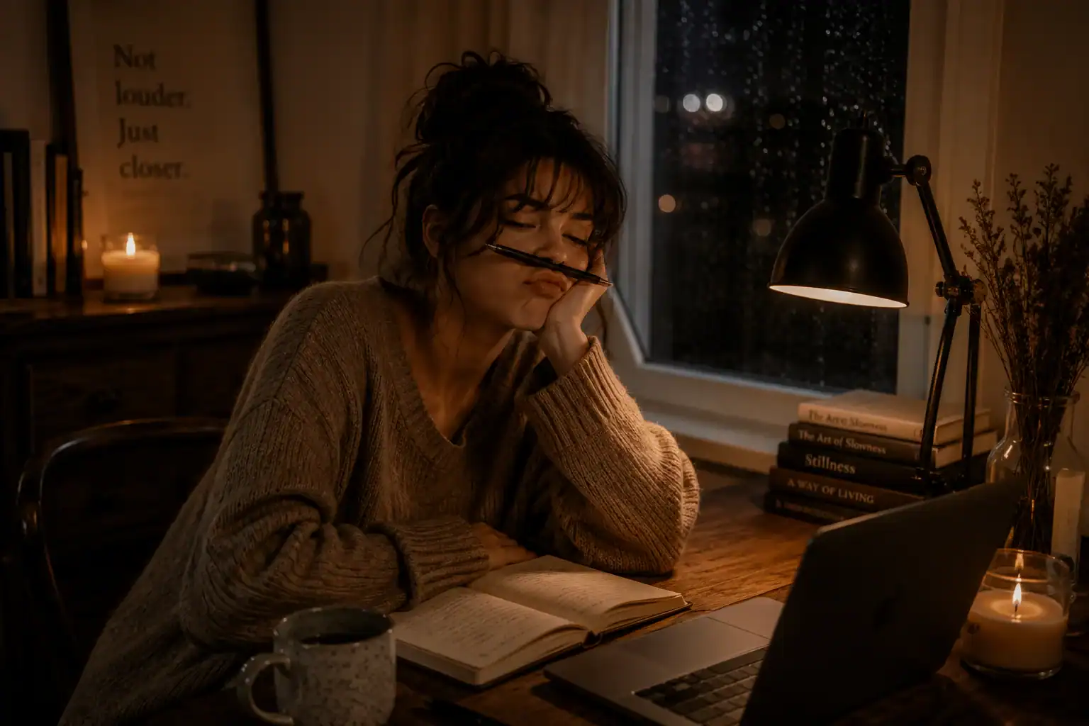 Elise writing in a journal beside a rain-covered window during a quiet evening