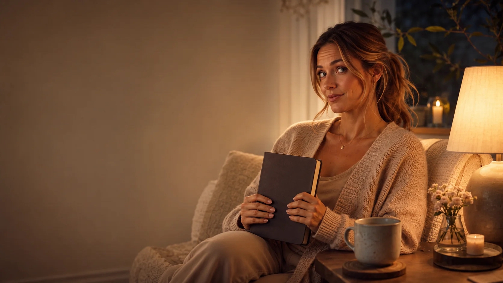 Elise sitting beside a warm lamp with a notebook, looking mildly unimpressed