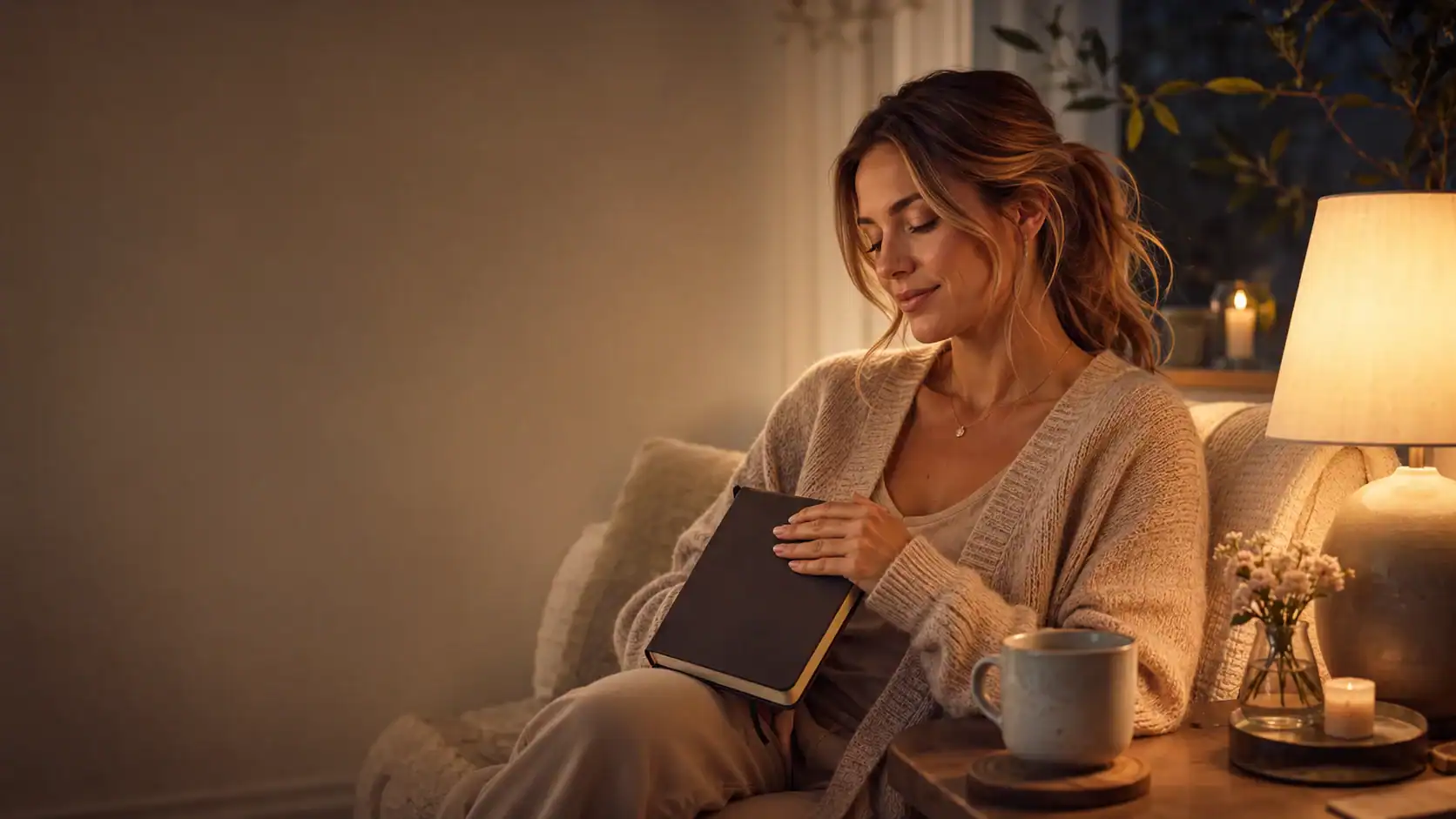 Elise sitting beside a warm lamp with a notebook and mug after receiving a note
