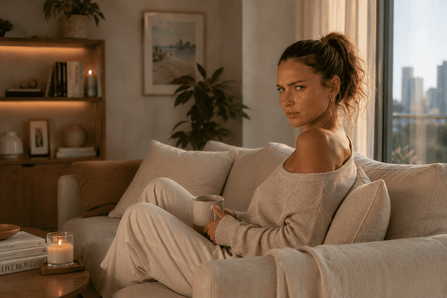 Elise sitting on a neutral couch in a cozy apartment, holding a mug and giving a skeptical side-eye over her shoulder.