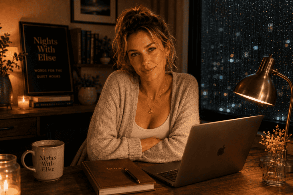 Elise Bennett sitting at a wooden desk with a laptop and journal beside a rain-covered window, illuminated by warm lamp light during a quiet evening.