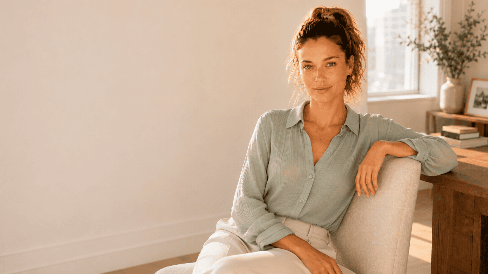 Elise seated in a sunlit minimalist room wearing a sage blouse and light trousers, looking calmly toward the camera with space beside her for About page text.