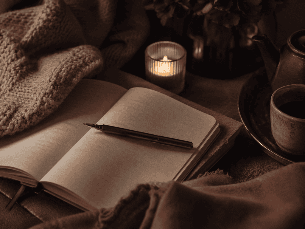 Open journal with a pen beside candlelight, a teacup, and soft blankets in a warm nighttime setting.