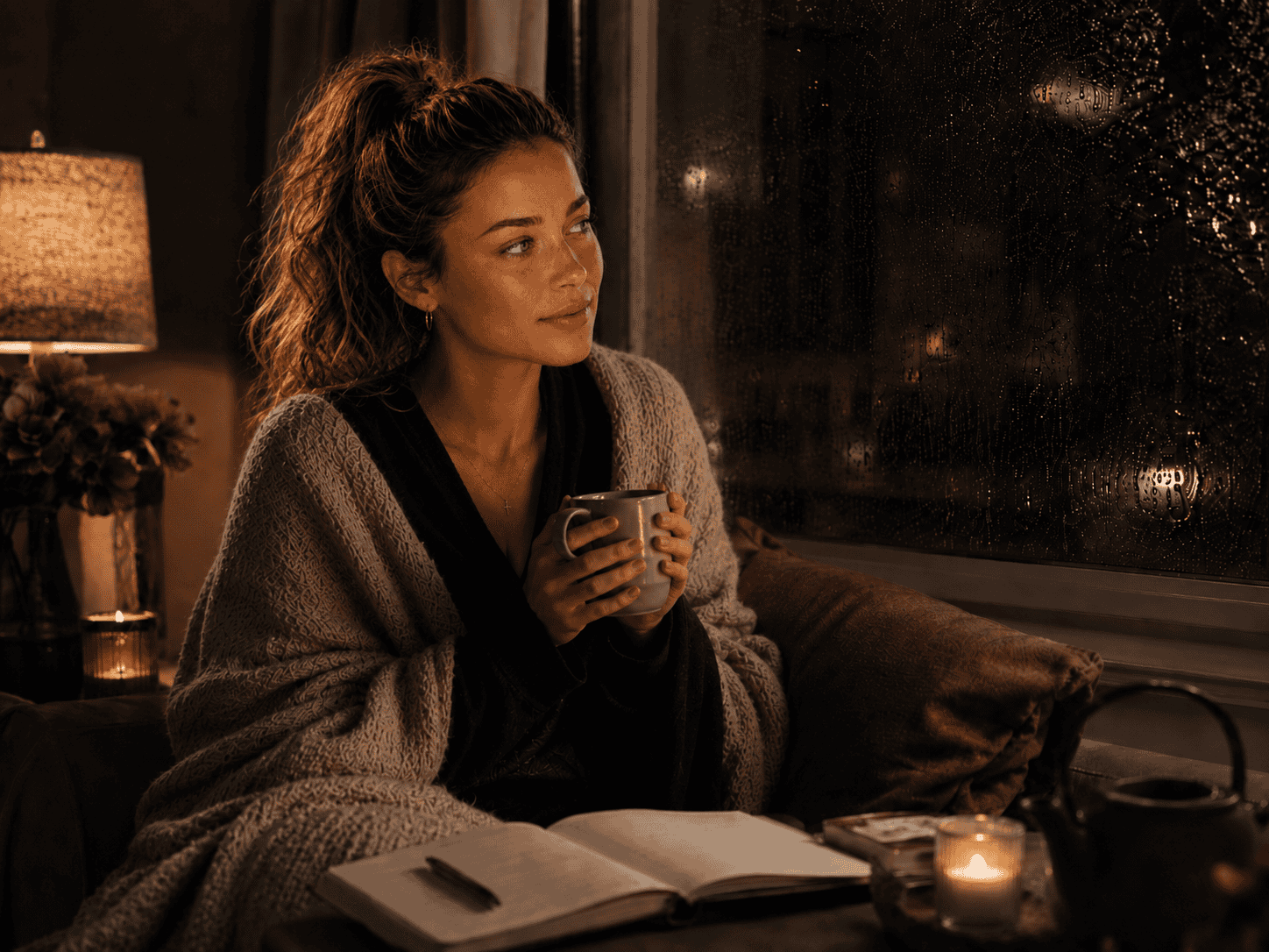 Elise sitting by a rainy window at night holding a mug with soft lamp light, candlelight, and an open journal nearby.