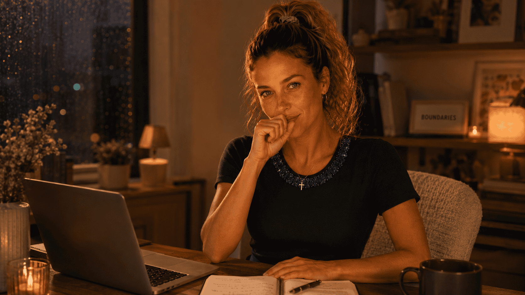 Elise sitting at a cozy desk in the evening, wearing a dark top with a blue embellished neckline and holding her hand near her mouth as if clearing her throat.