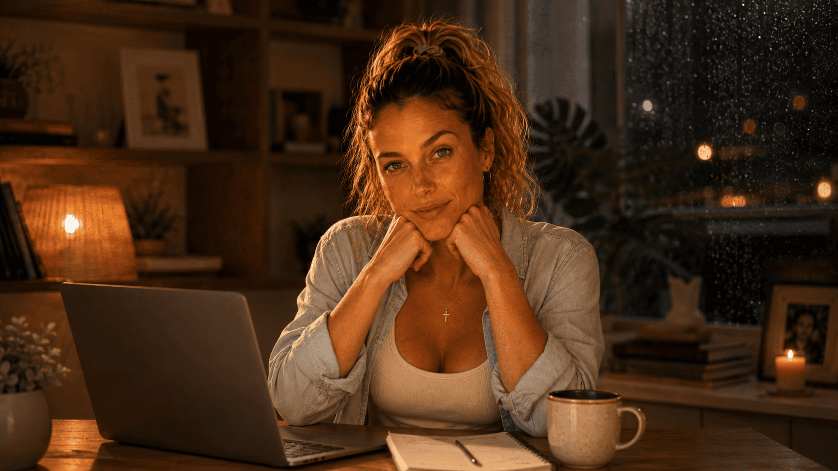 Elise sitting at a desk with a laptop, journal, and coffee cup, looking skeptically at the camera in a cozy rainy office.