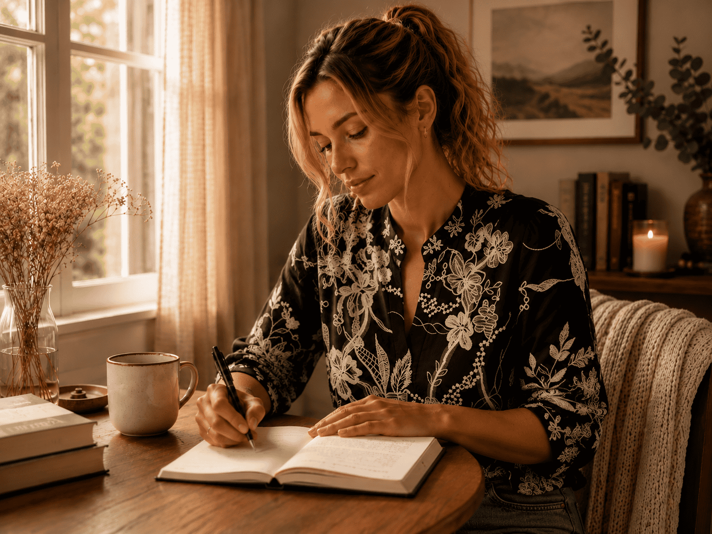 Elise sitting at a wooden table by a window, writing in her journal while wearing a black floral blouse in a warm, cozy room.