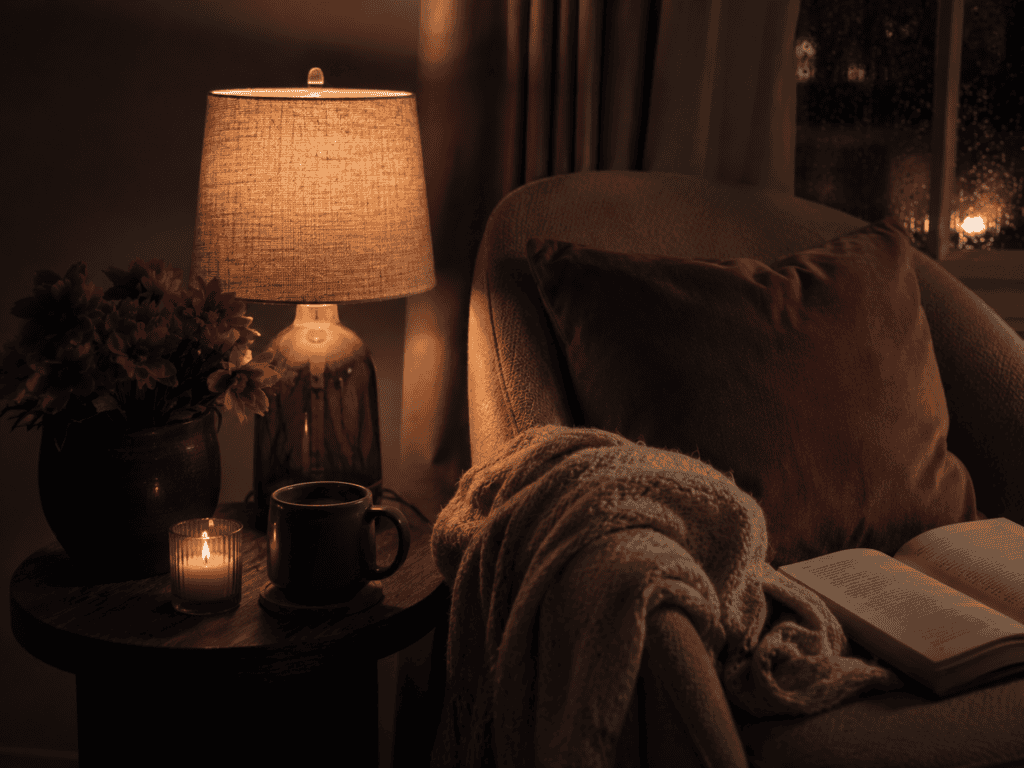 Warm reading nook with a glowing lamp, armchair, blanket, mug, candle, flowers, and open book by a rainy window.